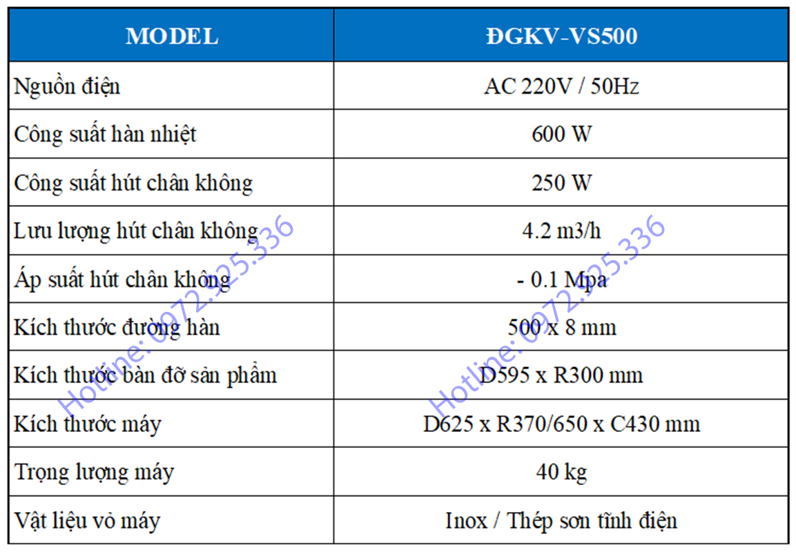 Thông số máy đóng gói hút chân không VS500